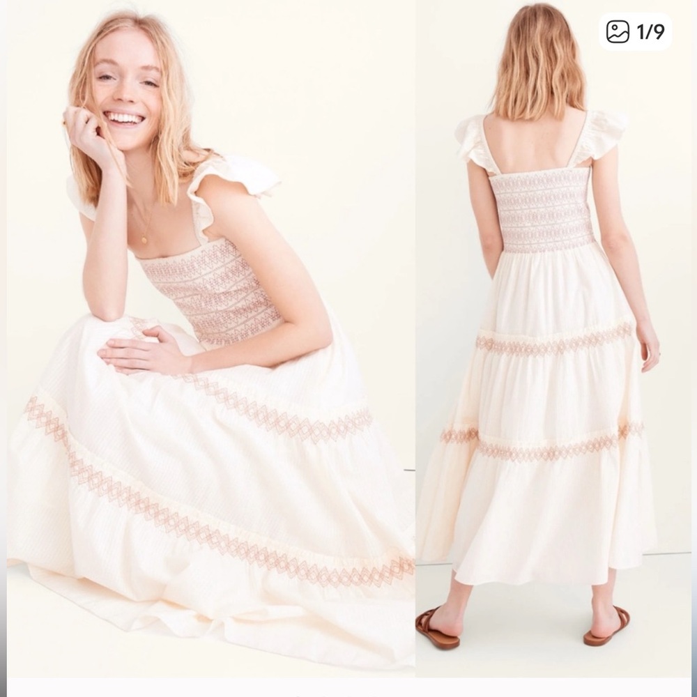 Madewell Lucie Smocked Tiered Midi Boho Dress‎ bohemian beach sundress Sz Large